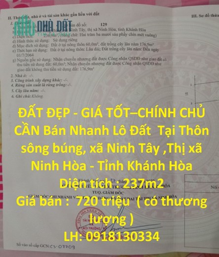 ĐẤT ĐẸP - GIÁ TỐT–CHÍNH CHỦ CẦN  Bán Nhanh Lô Đất  Tại  thị xã Ninh Hoà - Tỉnh Khánh Hòa