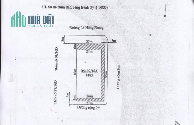 Bán  lô đất 1485M  mặt đường Lê Hồng Phong Hải An