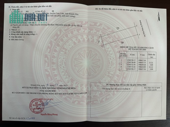 CHÍNH CHỦ BÁN ĐẤT THÔN BÃI GIẾNG 2, XÃ CAM HẢI TÂY, CAM LÂM, KHÁNH HÒA.