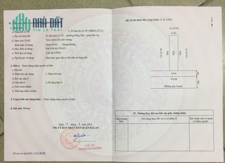 Bán lô đất diện tích 81M ngang 4,5 tái định cư Thiên Đường Hải An