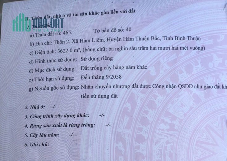 Chính chủ cần bán đất  huyện Hàm Thuận Bắc, tỉnh Bình Thuận