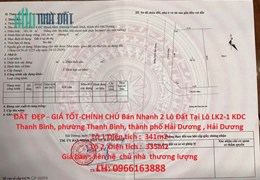 ĐẤT  ĐẸP - GIÁ TỐT-CHÍNH CHỦ Bán Nhanh 2 Lô Đất Tại phường Thanh Bình, thành phố Hải Dương , Hải