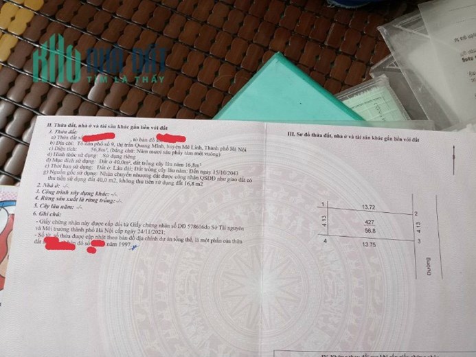 Bán 56.8m đất tổ dân phố số 9 Thị Trấn Quang Minh giá 2x( x tiểu học)