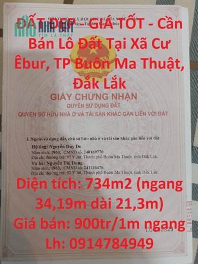 ĐẤT ĐẸP - GIÁ TỐT - Cần Bán Lô Đất Tại Xã Cư Êbur, TP Buôn Ma Thuật, Đắk Lắk