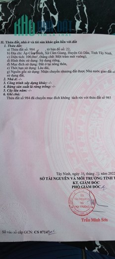 Chính Chủ Cần Bán Lô Đất tại huyện Gò Dầu, tỉnh Tây Ninh