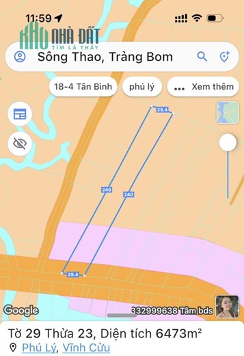 Bán lô đất mặt tiền đường nhựa xã Phú Lý, Vĩnh Cửu, Đồng Nai 3,65tỷ