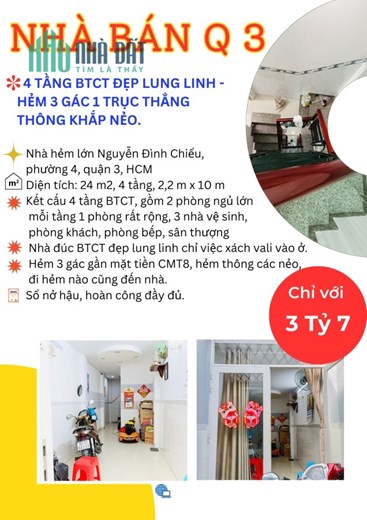 CỰC PHẨM QUẬN 3 CHỈ 3.7 TỶ - 4 TẦNG BTCT ĐẸP LUNG LINH - HẺM 3 GÁC 1 TRỤC THẲNG THÔNG KHẮP NẺO.
