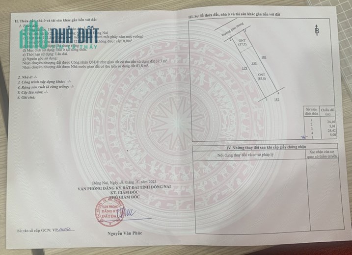 Chính chủ cần bán gấp lô đất full thổ cư, mặt tiền DT769, có sổ hồng, cách sân bay Long Thành 7km.(