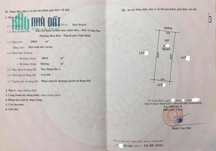 Chính chủ cần bán nhanh Lô Đất Thuộc Đường Bích Đào –Phố Trung Sơn – TP Ninh Bình