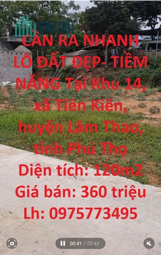 CẦN RA NHANH LÔ ĐẤT ĐẸP- TIỀM NĂNG Tại huyện Lâm Thao, tỉnh Phú Thọ