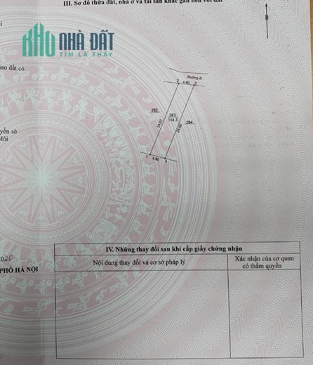 Bán lô đất DT 114.3m2, đầu đuôi 4.8m, mặt đường trục chính 2 ô tô tránh nhau. Cam kết làm chuẩn giá.
