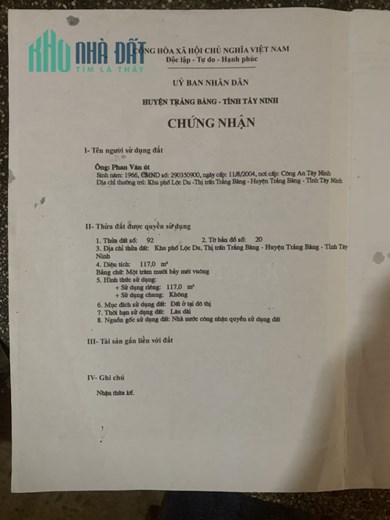 ĐẤT CHÍNH CHỦ - GIÁ TỐT Tại KP Lộc Du, TT Trảng Bàng, Huyện Trảng Bàng - Tây Ninh
