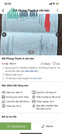 Chính chủ bán nhanh lô đất 10 X 40 Phong Thạnh A, Giá Rai , Bạc Liêu