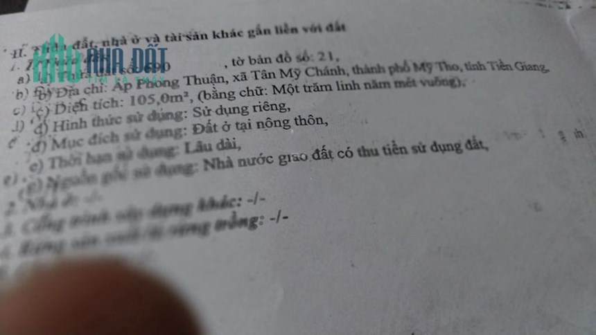 CHÍNH CHỦ CẦN BÁN ĐẤT FULL THỔ CƯ TẠI XÃ TÂN MỸ CHÁNH – TP MỸ THO – TIỀN GIANG.