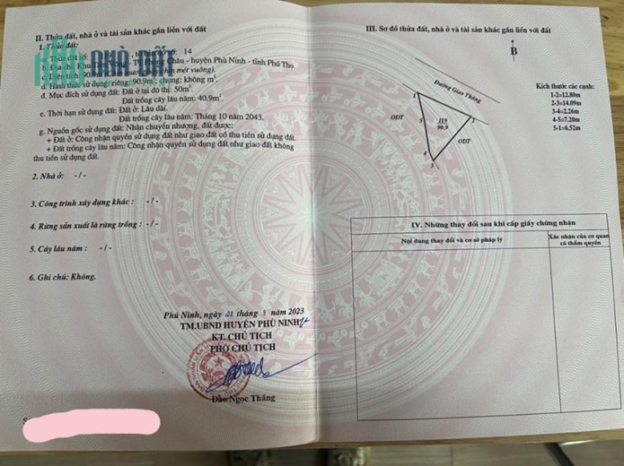 Chính chủ cần tiền bán gấp , có thể giảm sâu Lô Đất Thuộc Khu Tầm Vông – TT Phong Châu – Huyện Phù