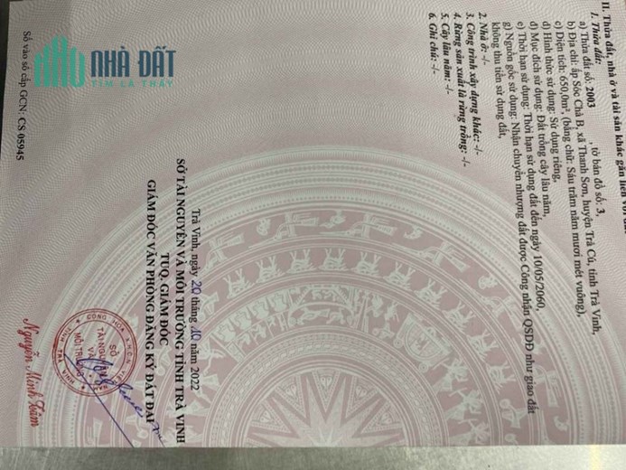 Chính chủ cần bán lô đất  Đối diện Cổng Hậu Chùa Thuộc Ấp Sóc Chà B – Xã Thanh Sơn – Huyện Trà Cú –