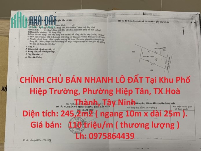 CHÍNH CHỦ BÁN NHANH LÔ ĐẤT Tại Khu Phố Hiệp Trường, Phường Hiệp Tân, TX Hoà Thành, Tây Ninh