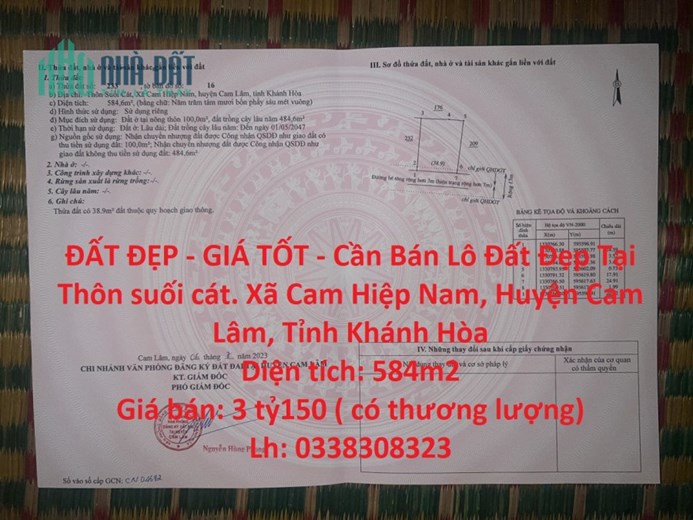 ĐẤT ĐẸP - GIÁ TỐT - Cần Bán Lô Đất Đẹp Tại  Xã Cam Hiệp Nam, Huyện Cam Lâm, Tỉnh Khánh Hòa