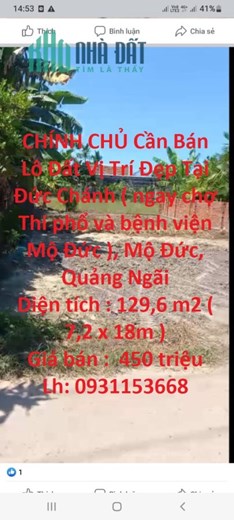 CHÍNH CHỦ Cần Bán Lô Đất Vị Trí Đẹp Tại Mộ Đức - Quảng Ngãi - Giá Cực Rẻ