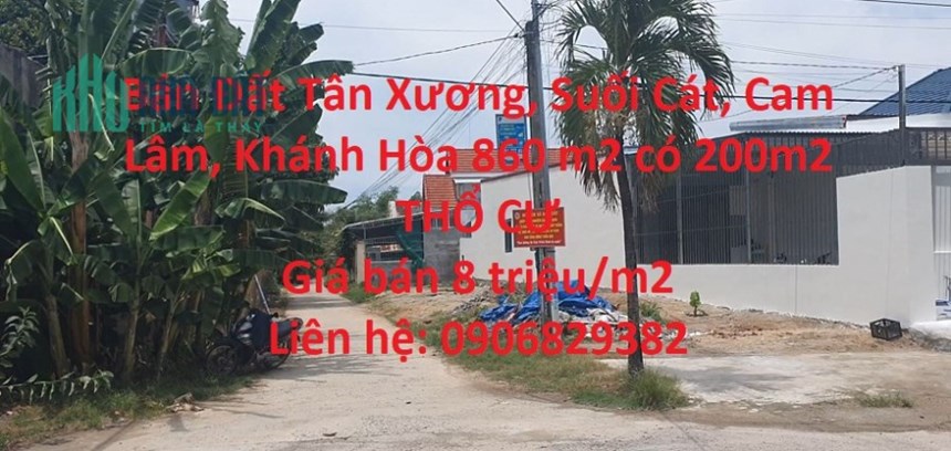 Bán Đất Tân Xương, Suối Cát, Cam Lâm, Khánh Hòa 860 m2 có 200m2 THỔ CƯ