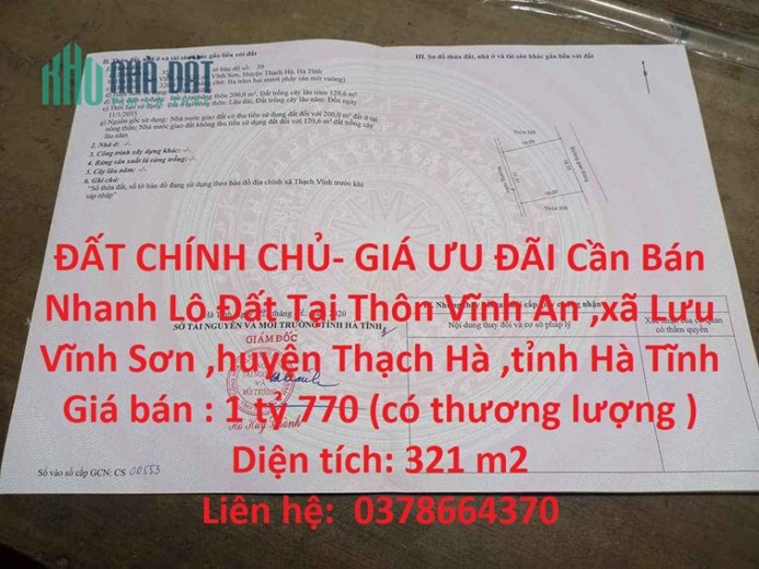 ĐẤT CHÍNH CHỦ- GIÁ ƯU ĐÃI Cần Bán Nhanh Lô Đất Tại xã Lưu Vĩnh Sơn ,huyện Thạch Hà ,tỉnh Hà Tĩnh