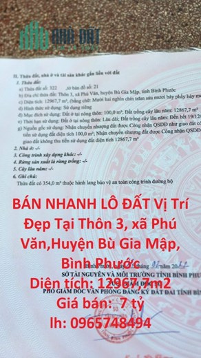 BÁN NHANH LÔ ĐẤT Vị Trí Đẹp Tại Thôn 3, xã Phú Văn,Huyện Bù Gia Mập, Bình Phước