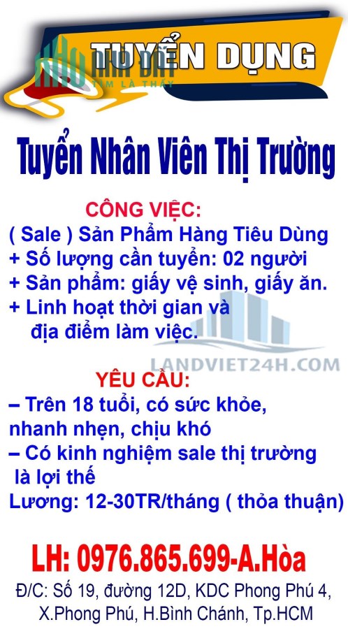 Tuyển Nhân Viên Thị Trường ( Sale ) Sản Phẩm Hàng Tiêu Dùng Làm Việc Tại Quận 5, Quận 8