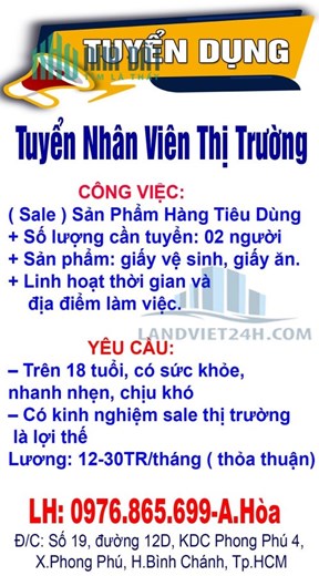 Tuyển Nhân Viên Thị Trường ( Sale ) Sản Phẩm Hàng Tiêu Dùng Làm Việc Tại Quận 5, Quận 8