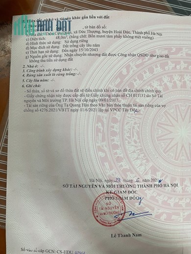 Chuyển nhượng thửa đất đã có sổ Cựu Quán, Đức Thượng, Hoài Đức, Hà Nội.