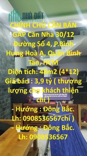 CHÍNH CHỦ CẦN BÁN GẤP Căn Nhà  Ngay Ngã 4 Bốn Xã Tiếp Giáp Giữa Bình Tân và Tân Phú