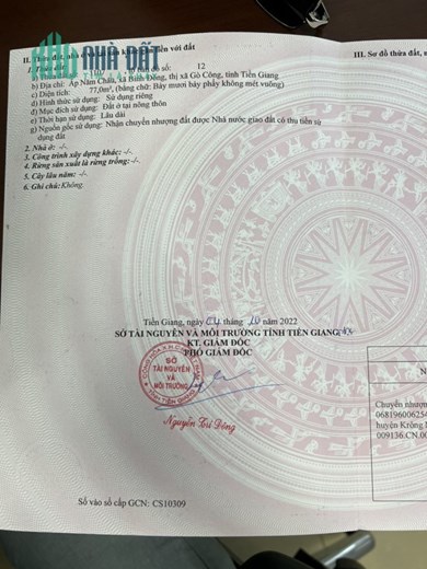 Cần bán GẤP lô đất DT 77m2 thuộc xã Bình Đông, tx.Gò Công