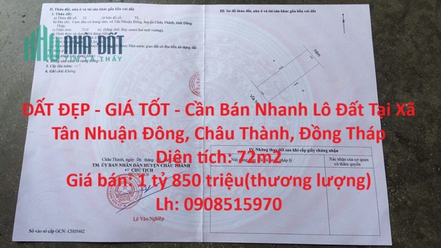 ĐẤT ĐẸP - GIÁ TỐT - Cần Bán Nhanh Lô Đất Tại Xã Tân Nhuận Đông, Châu Thành, Đồng Tháp