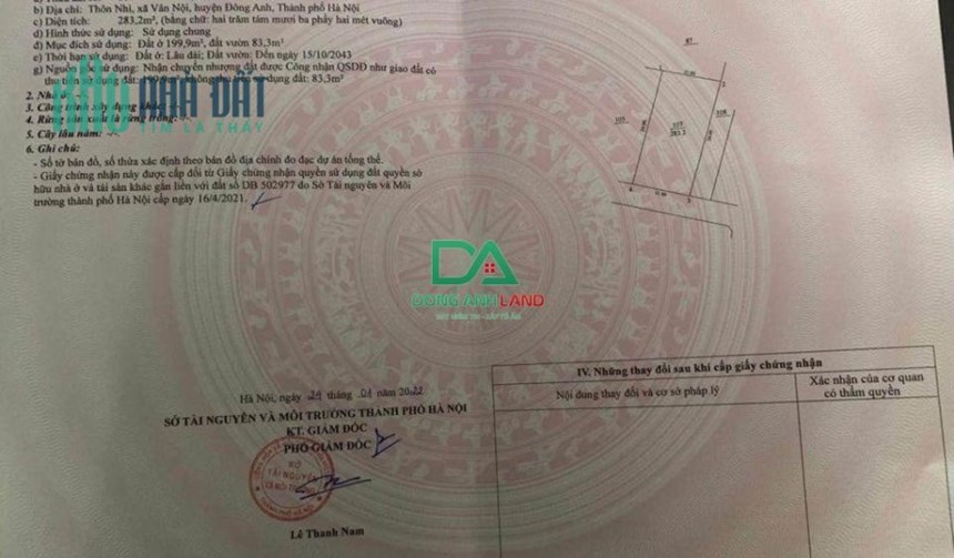 Bán đất 283m Thôn Nhì Vân Nội Đông Anh gần đầm Vân Trì DONGANHLAND
