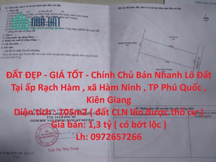 ĐẤT ĐẸP - GIÁ TỐT - Chính Chủ Bán Nhanh Lô Đất Tại TP Phú Quốc - Kiên Giang