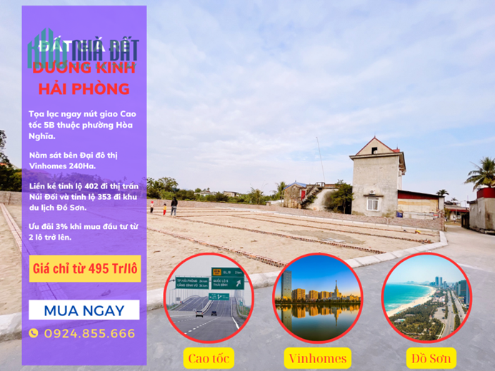 Cần bán loạt lô đất gần Vinhomes Dương Kinh giá 495 triệu/ lô bao mọi chi phí