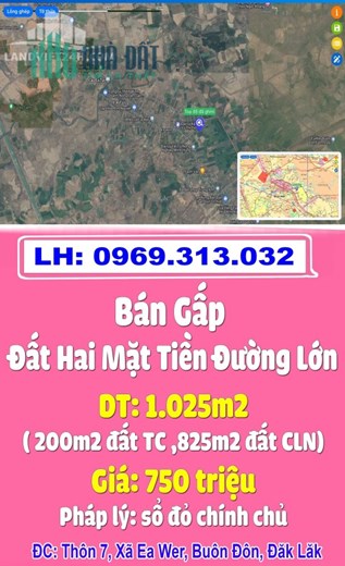 Cắt Lỗ Giảm Từ 1,5tỷ Còn 750tr Bán Gấp Đất Hai MT Đường Lớn Trung Tâm Huyện Buôn Đôn