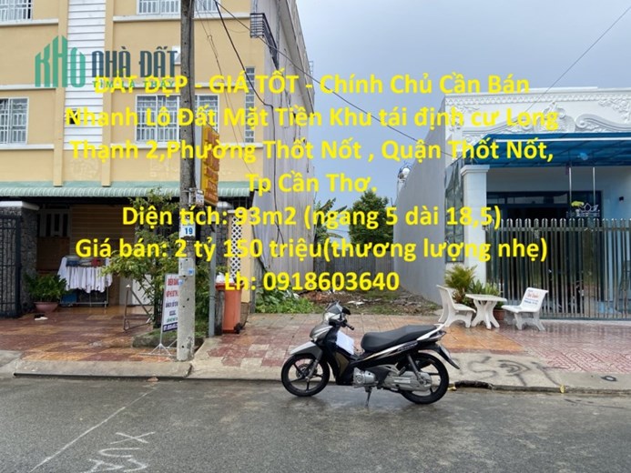 ĐẤT ĐẸP - GIÁ TỐT - Chính Chủ Cần Bán Nhanh Lô Đất Mặt Tiền Khu Dân Cư Huỳnh Châu, Thốt Nốt, Cần Thơ