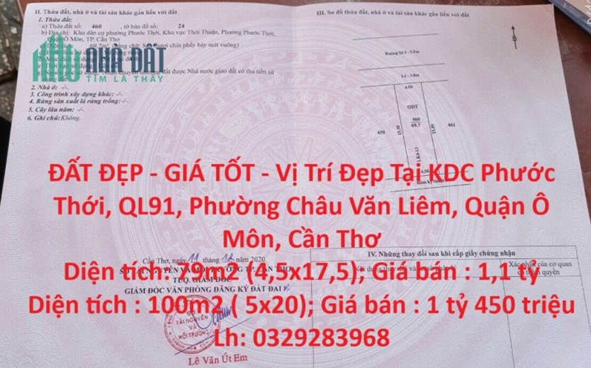 ĐẤT ĐẸP - GIÁ TỐT - Vị Trí Đẹp Tại KDC Phước Thới nằm trên QL91, Cần Thơ