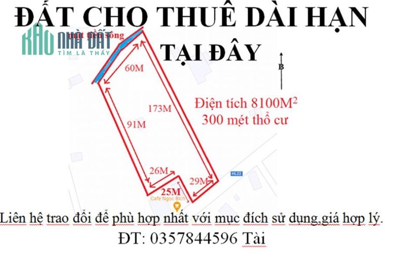 CHÍNH CHỦ Cho thuê Nhanh đất, mặt bằng dài hạn, 2 mặt tiền HL22 và mặt tiền sông
