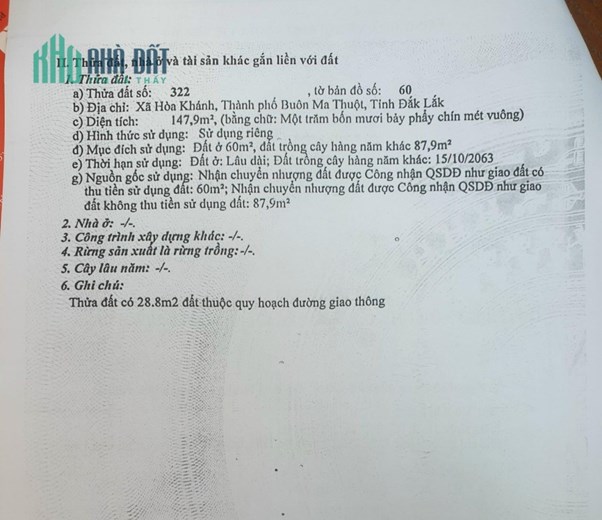 ĐẤT ĐẸP - GIÁ TỐT – Bán Gấp Lô Đất Mặt TiềnTại xã Hòa Khánh ,thành phố Buôn Mê Thuột ,tỉnh Đắk Lắk