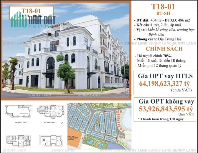 Bán Biệt thự - Shophouse Vinhomes, DT 404m2, 4 tầng, 3 mặt tiền Chỉ 53.9 tỷ