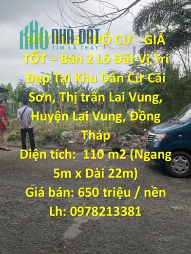 ĐẤT FULL THỔ CƯ - GIÁ TỐT – Bán 2 Lô Đất Vị Trí Đẹp Tại Huyện Lai Vung - Đồng Tháp