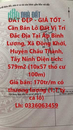 ĐẤT ĐẸP - GIÁ TỐT - Cần Bán Lô Đất Vị Trí Đắc Địa Tại Huyện Châu Thành, Tây Ninh