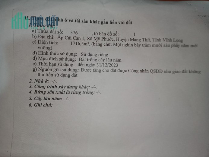 ĐẤT ĐẸP - GIÁ TỐT - Cần Bán Lô Đất Mặt Tiền Tại ấp Cái Cạn, xã Mỹ Phước, Mang Thít, Vĩnh Long