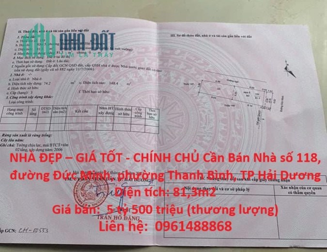 NHÀ ĐẸP – GIÁ TỐT - CHÍNH CHỦ Cần Bán Nhà Phường Thanh Bình, TP Hải Dương