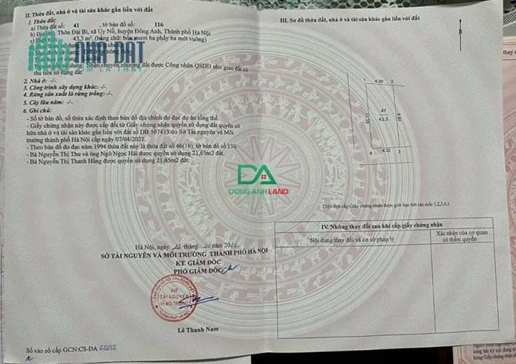 Bán đất 43.3m2 Đài Bi Uy Nỗ Đông Anh gần công viên Kim Quy