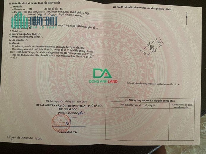 BÁN GẤP 40M ĐẤT THÔN THÁI BÌNH, MAI LÂM, ĐÔNG ANH GIÁ RẺ GẦN CẦU ĐÔNG TRÙ DONGANHLAND