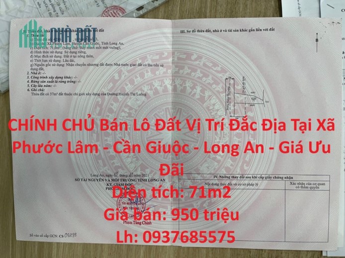 CHÍNH CHỦ Bán Đất Vị Trí Đắc Địa Tại Xã Phước Lâm - Cần Giuộc - Long An - Giá Ưu Đãi