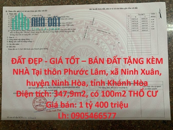 ĐẤT ĐẸP - GIÁ TỐT – BÁN ĐẤT TẶNG KÈM NHÀ Tại huyện Ninh Hòa, tỉnh Khánh Hòa