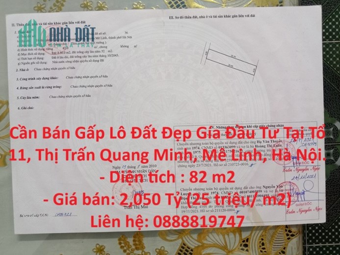 Cần Bán Gấp Lô Đất Đẹp Gía Đầu Tư Tại Tổ 11, Thị Trấn Quang Minh, Mê Linh, Hà Nội.